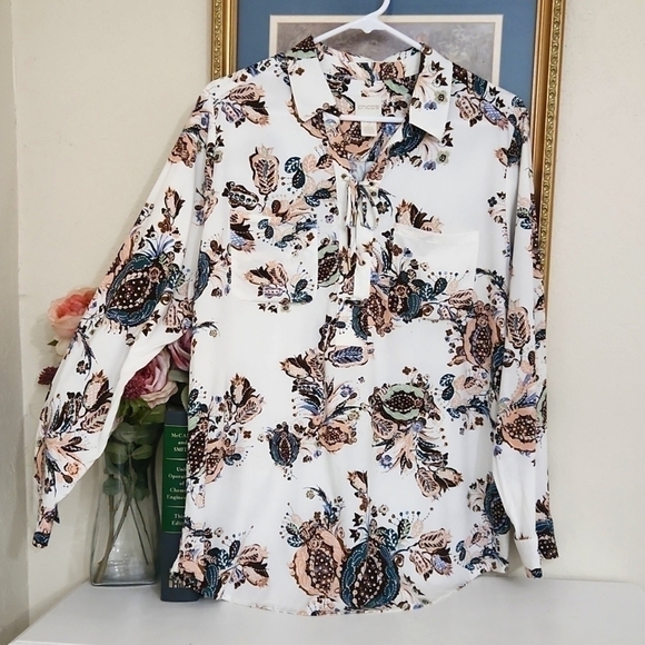 Silky Soft Botanical Lace-Up Tunic Top Floral Lagenlook Coastal Career Medium - Picture 5 of 14